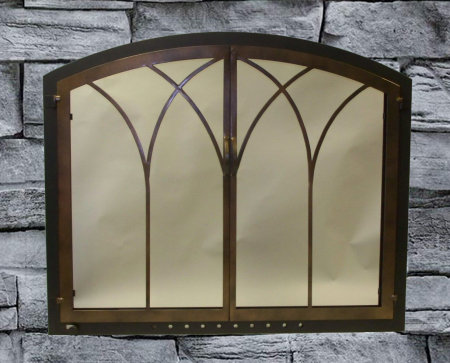 Taunton Arch Window-Pane Black frame, Taunton bronze twin doors, 3/8" square center handles, smoked glass. Comes gate mesh spark screens.